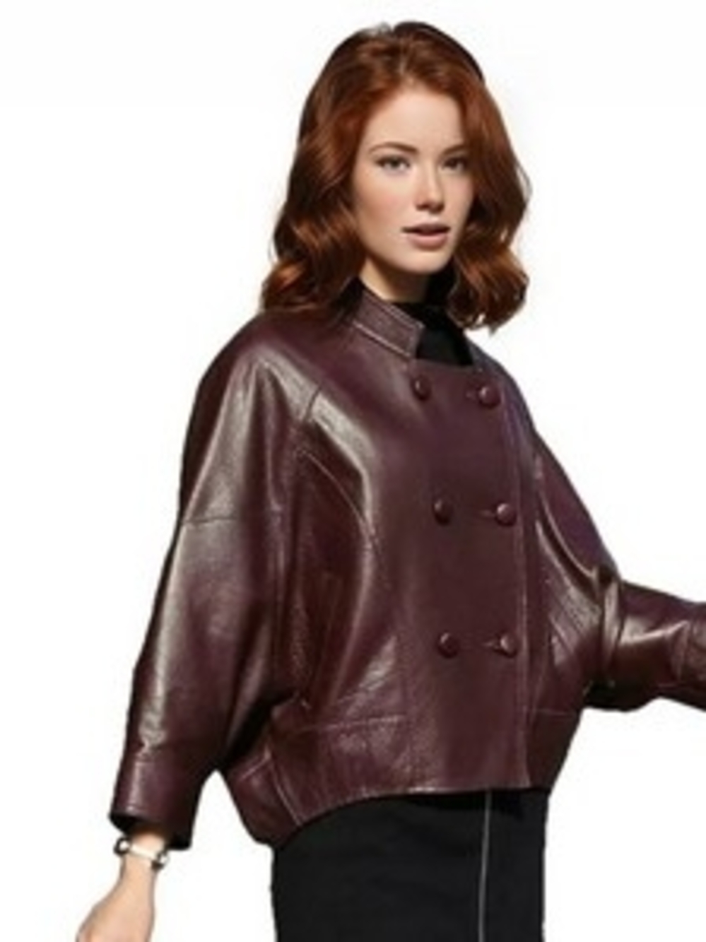 Women's Double-Breasted Leather Jacket in Deep Burgundy